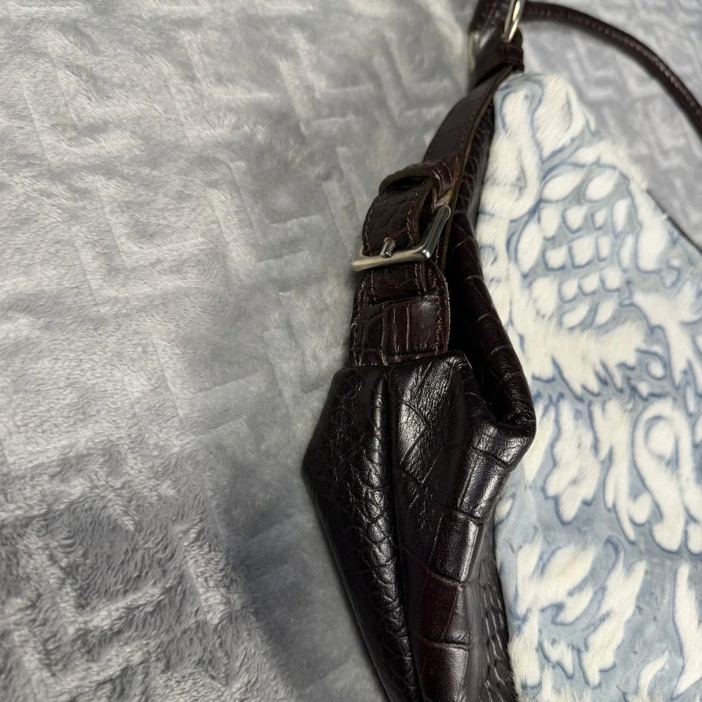 Berge Italian Pony Hair Leather Embossed Hobo Bag Blue Brown Damask Made Italy